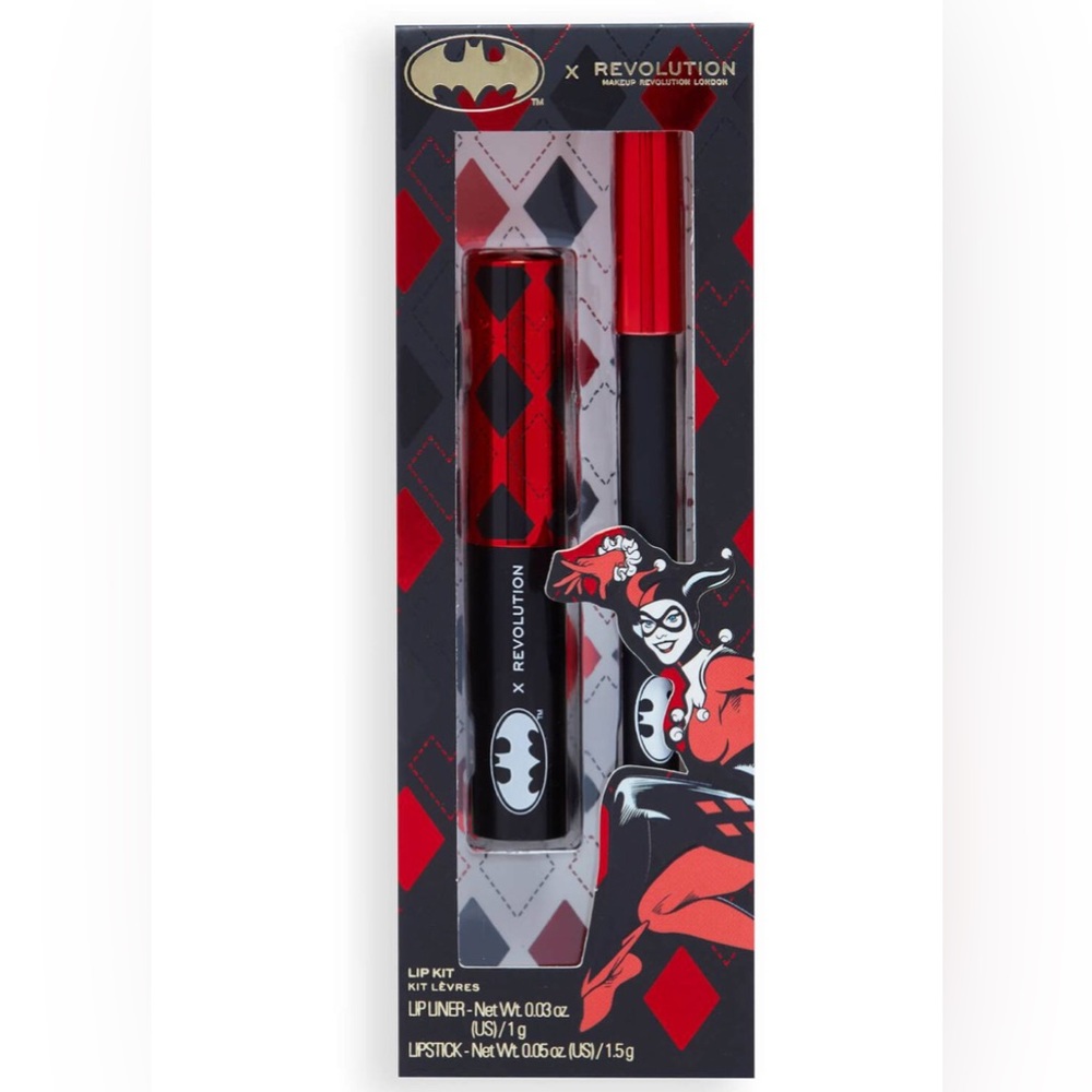 Revolution x DC Dangerous Red Harley Quinn Lip Kit Red Lipstick Black Liner New